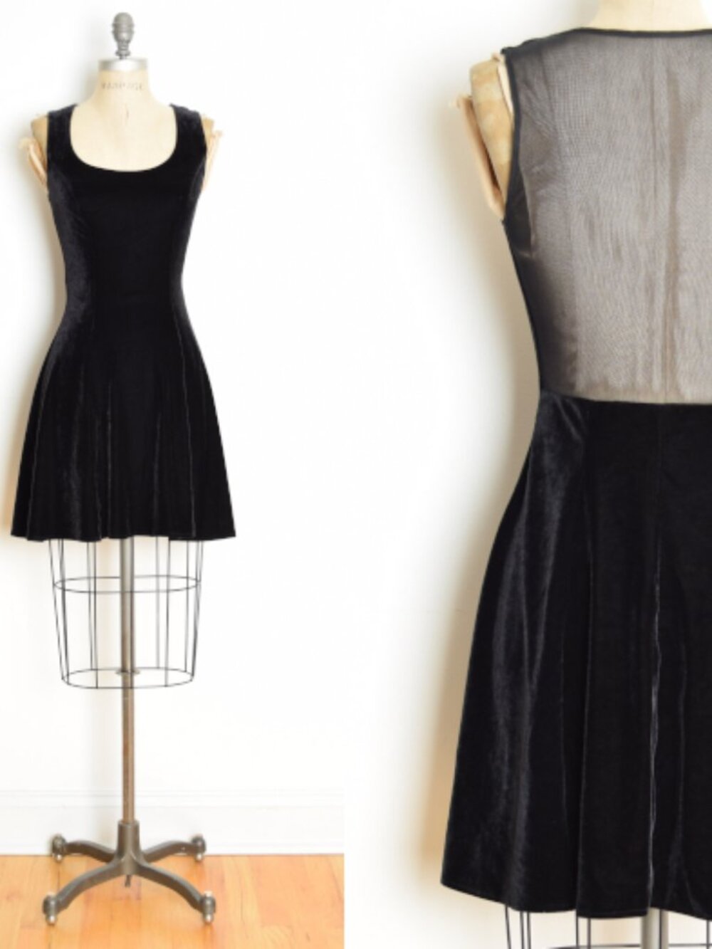 vintage 90s party dress black stretch velvet mesh cutout backless goth mini XS S